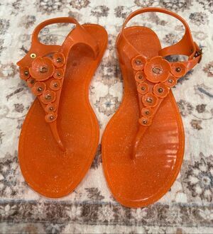 Coach Womens T-Strap Jelly Sandals Flower Applique Glitter G2071 Orange Size 10B